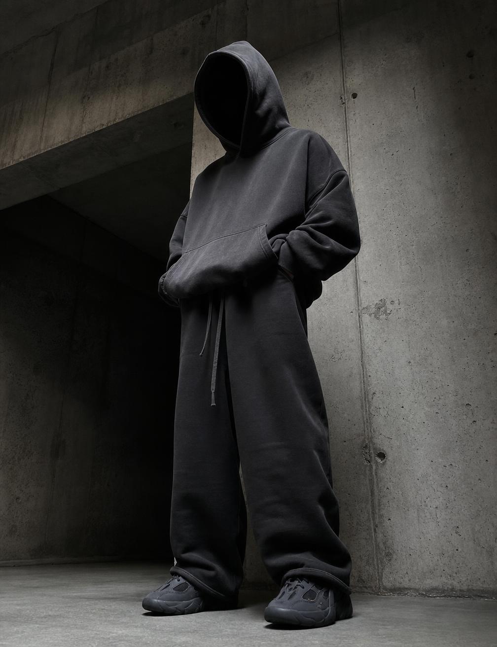 Oversized heavyweight graphite hoodie on a model