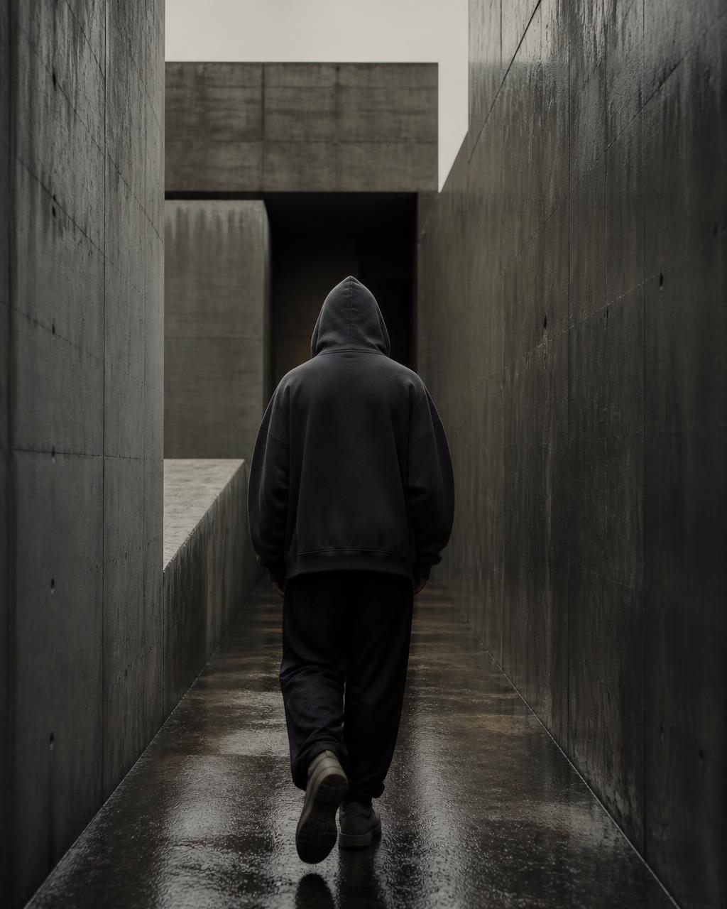 Model walking away in oversized anthracite hoodie down a concrete corridor