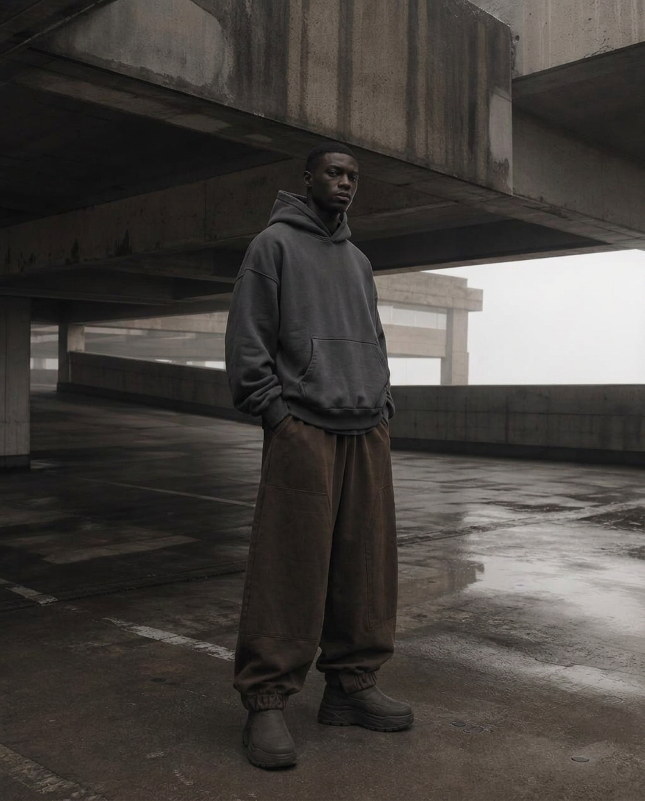 Oversized anthracite heavy hoodie with wide leg mud joggers in a concrete parking garage