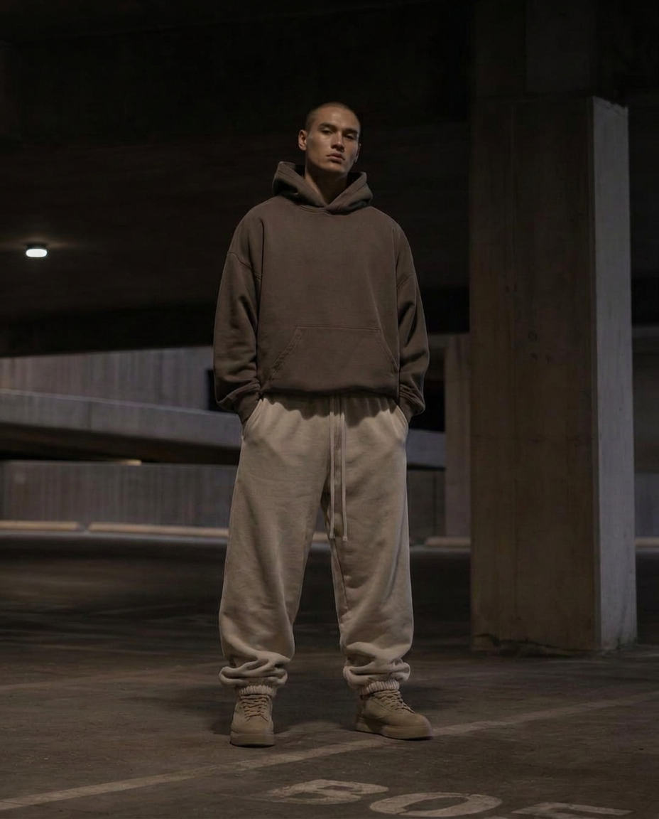 Wide leg joggers on a model in a concrete parking garage
