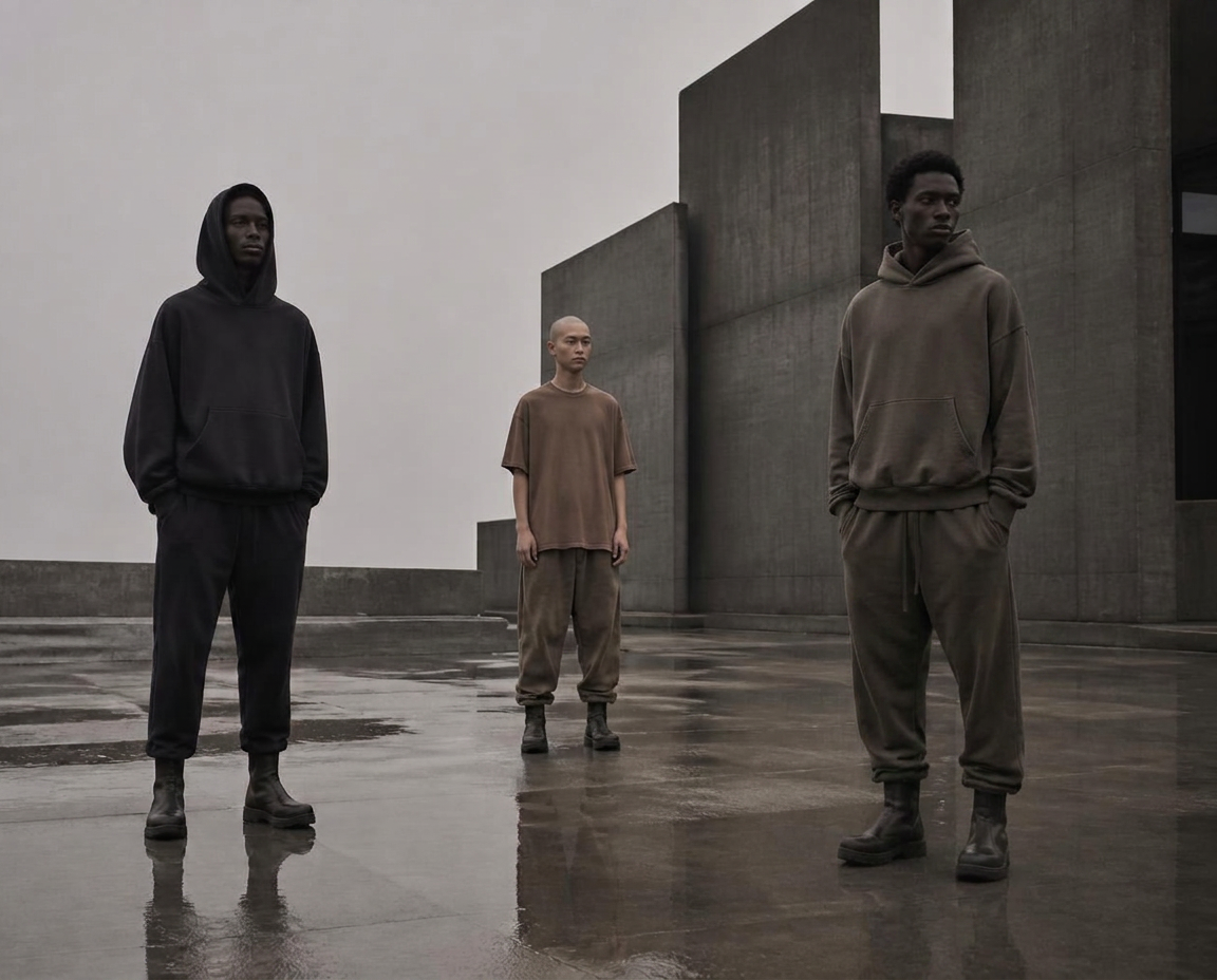 Three models in heavyweight earth-toned hoodies and tee in a vast brutalist concrete plaza