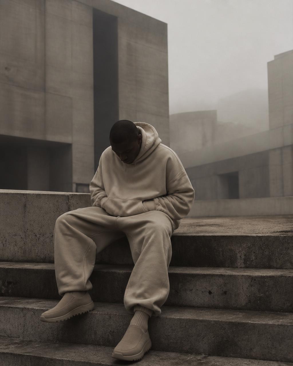 Model seated on concrete steps in bone off-white hoodie and sand joggers