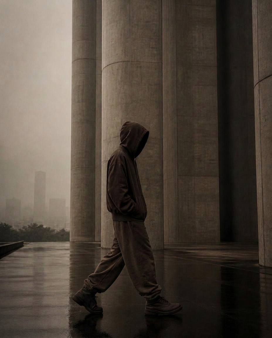 Model in mud brown hoodie with hood up walking past concrete columns