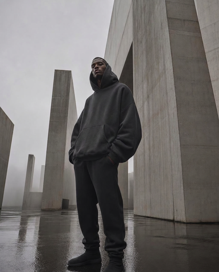 Oversized heavyweight graphite hoodie worn among brutalist concrete columns
