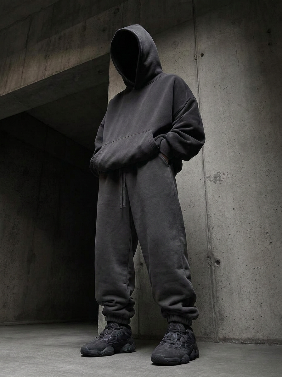 Oversized heavyweight graphite hoodie on a model