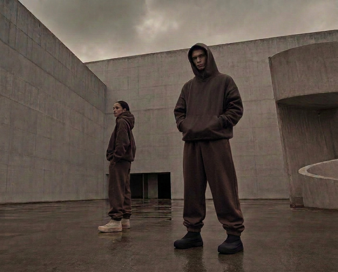 Full look hoodie and joggers worn by two figures in a brutalist courtyard